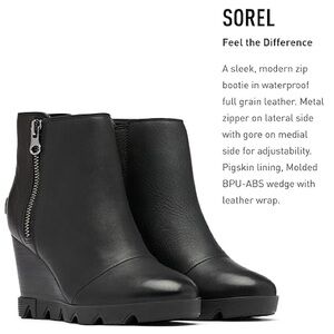 Sorel Joan Uptown Waterproof Leather Wedge Zip Bootie in Black, Size 8.5
